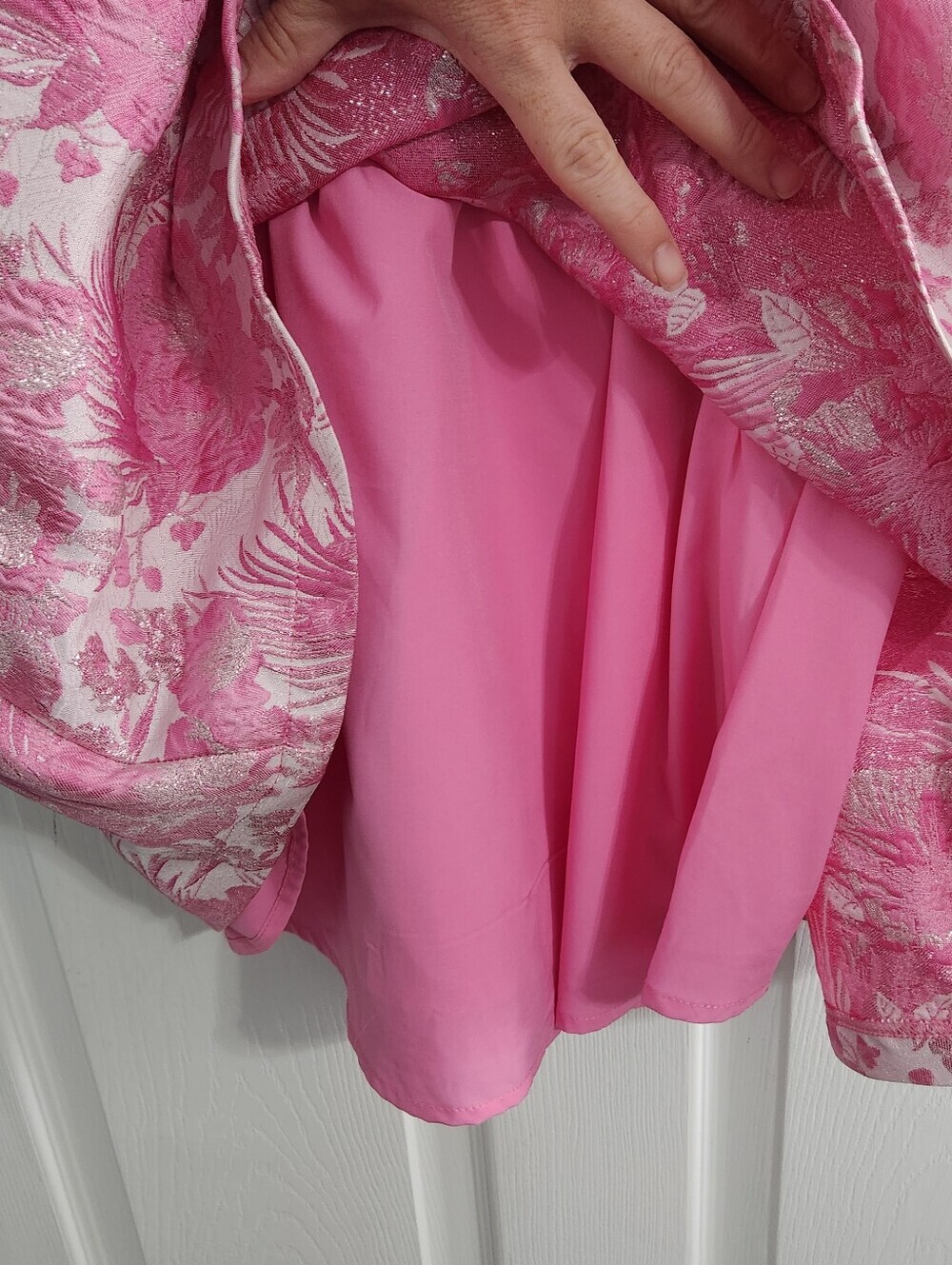 Altar'd state pink floral jacquard mini dress medium feminine glam bow ruffle - Picture 9 of 16